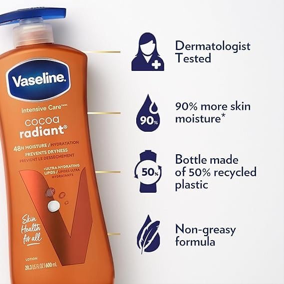 Vaseline Intensive Care Body Lotion Cocoa Radiant for Dry Skin Lotion Made with Ultra-Hydrating Lipids and Pure Cocoa Butter for a Long-Lasting, Radiant Glow 20.3 fl oz